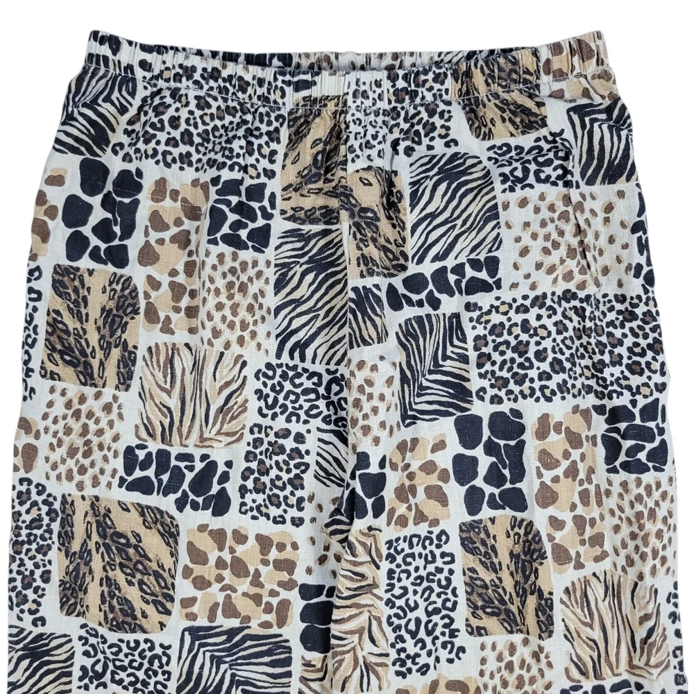 Hot Cotton 100% Linen Pants Womens 1X Brown Animal Print Pull On Cropped Casual - Picture 4 of 11